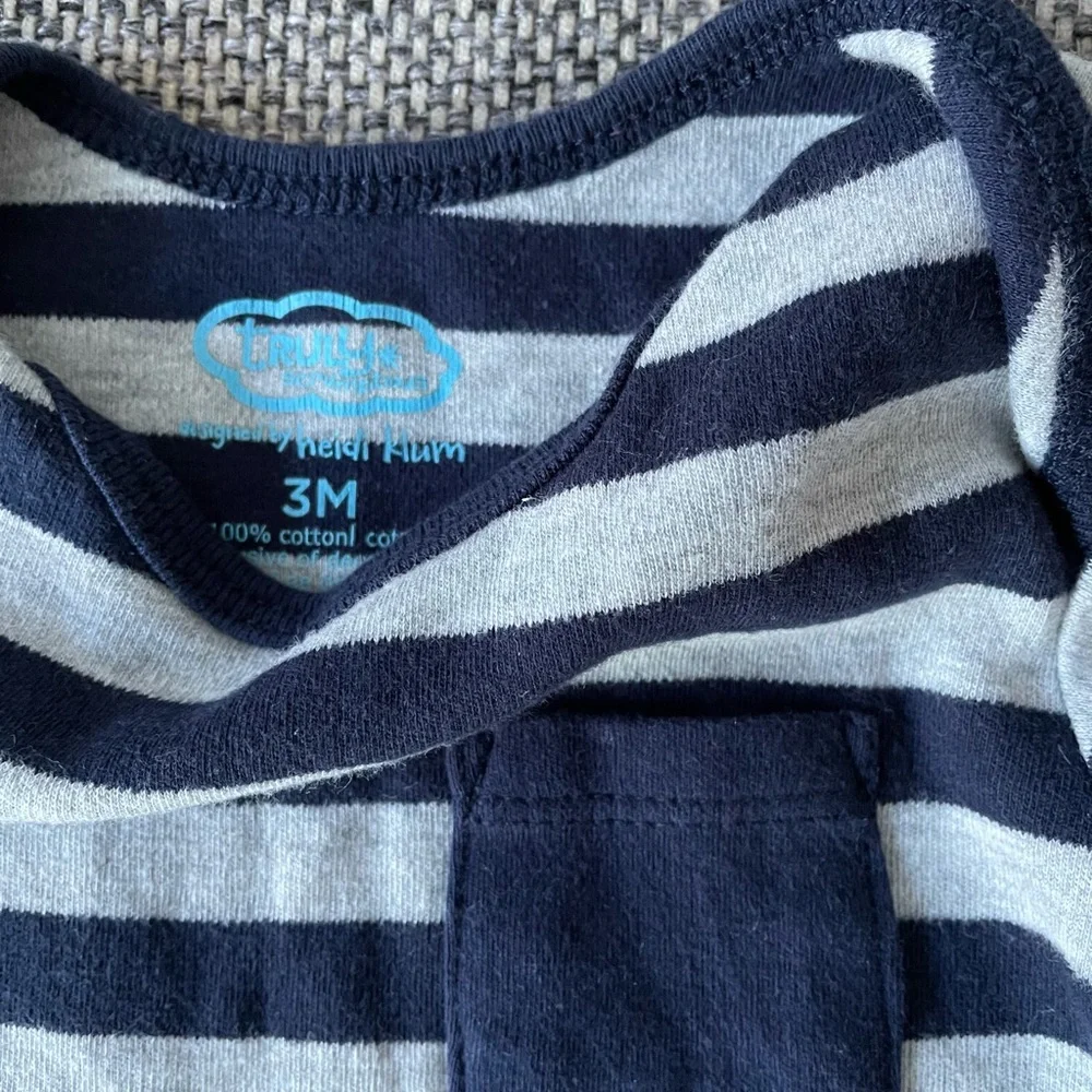 Truly Scrumptious | Grey Navy Striped Long Sleeve Playsuit Romper | 3 months